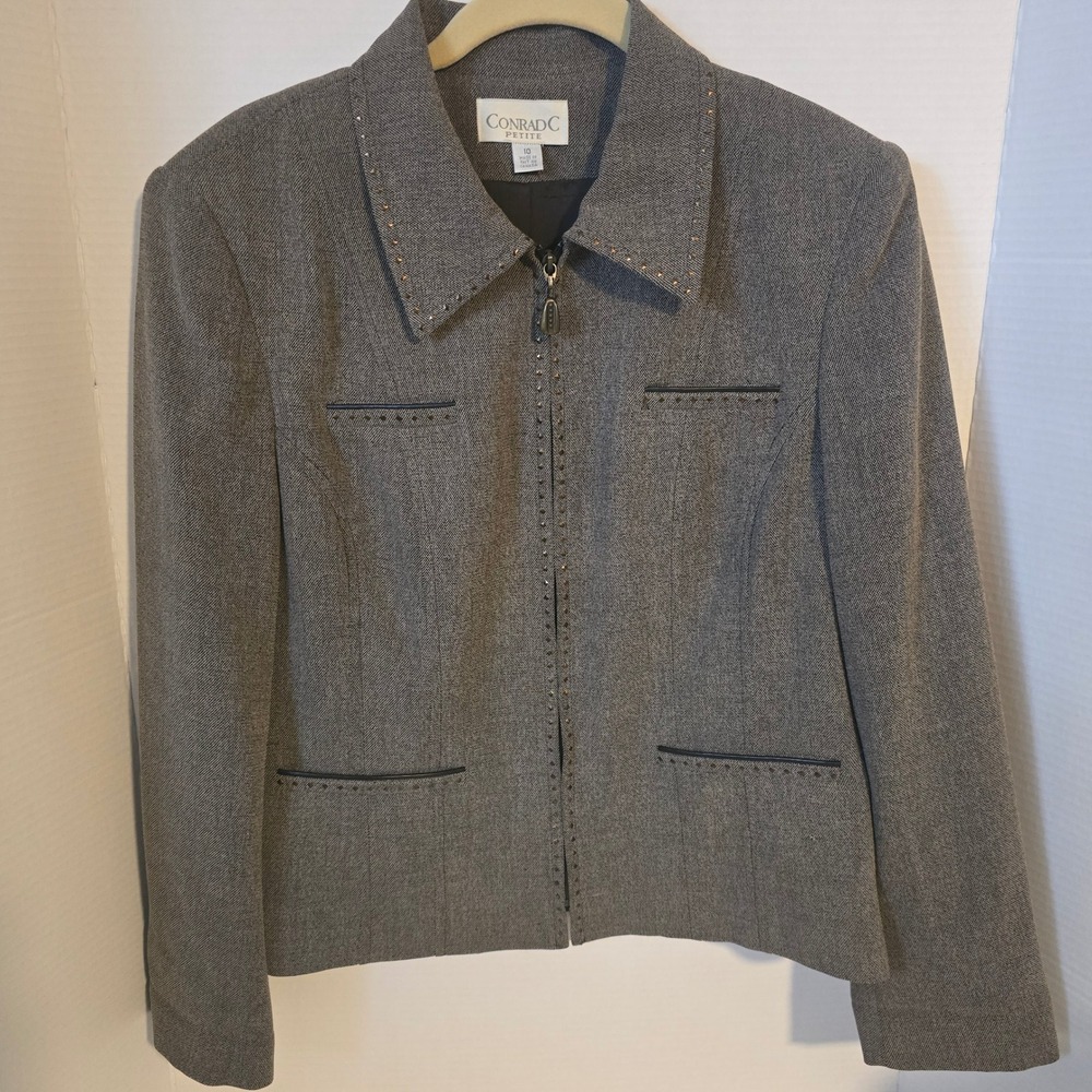 Conrad C Petite Gray Zip Front Studded Blazer Jacket Size 10P D1861PU